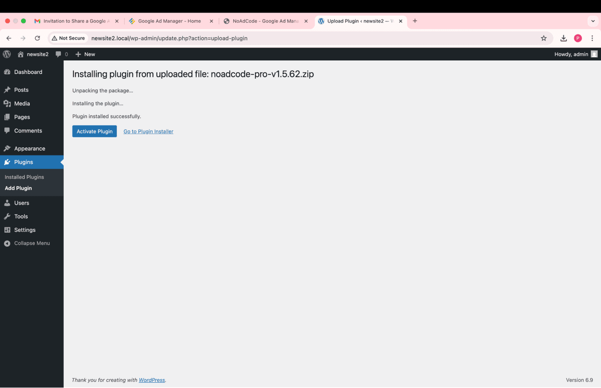 WordPress showing plugin installed successfully with Activate button