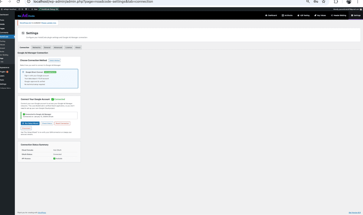 Settings page showing Connected status