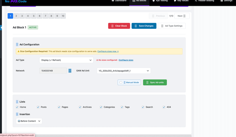 NoAdCode Display Ad configuration with size and GAM ad unit settings