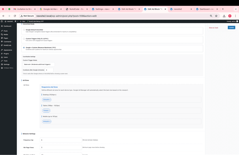 NoAdCode Interstitial Ad advanced settings