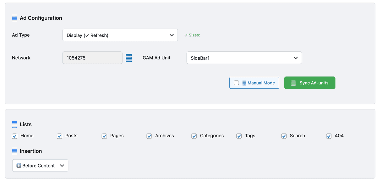 NoAdCode Lists and Insertion point selection showing page types like Home, Posts, Pages, Archives and insertion dropdown