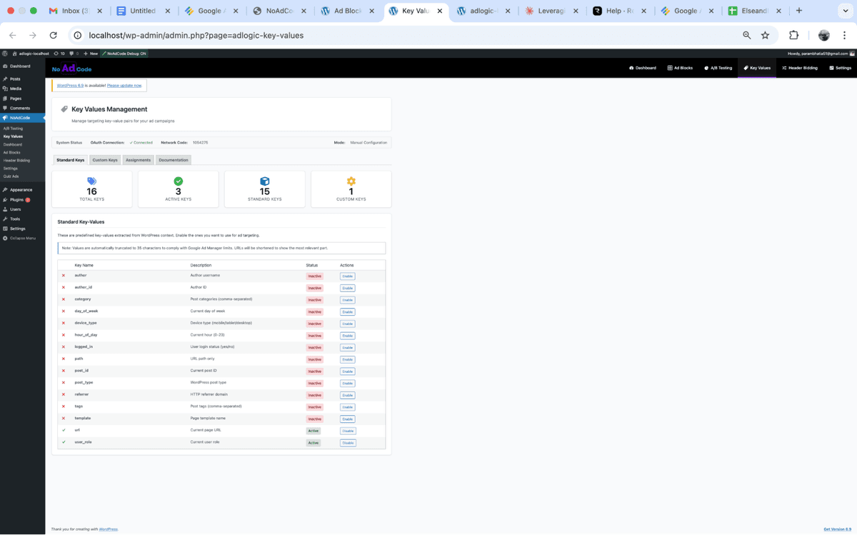 NoAdCode Key Values page showing standard keys