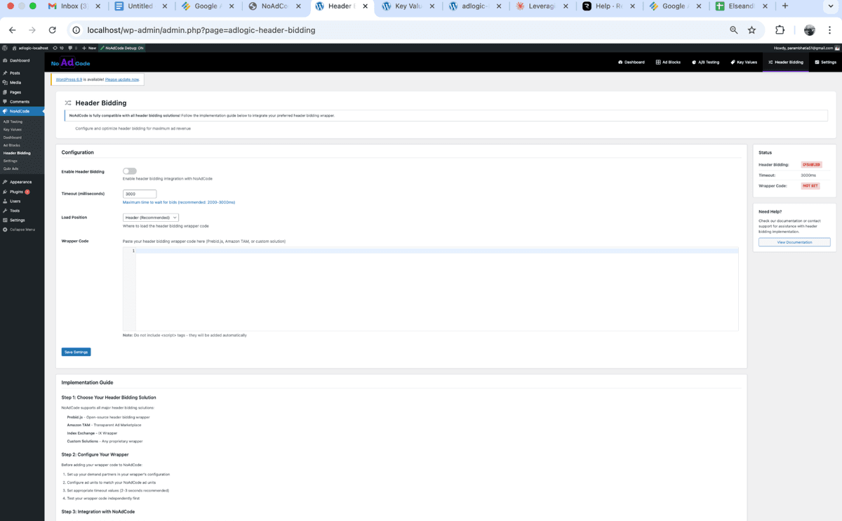 NoAdCode Header Bidding configuration page